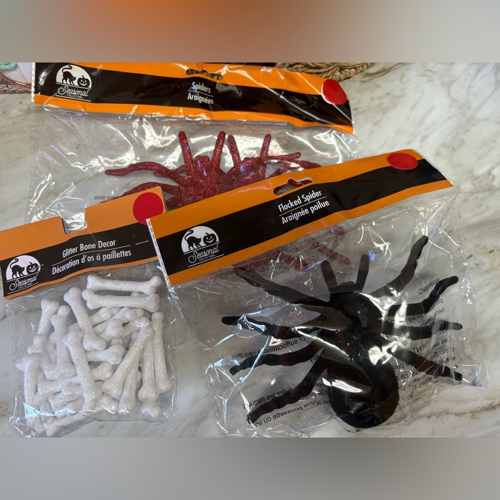 Spooky Halloween Decor Bundle — Flocked Spider, Glitter Spiders, & Mini Bones